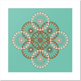 Spanish Tile - Entwined - Pink and Bronze on Turquoise Posters and Art